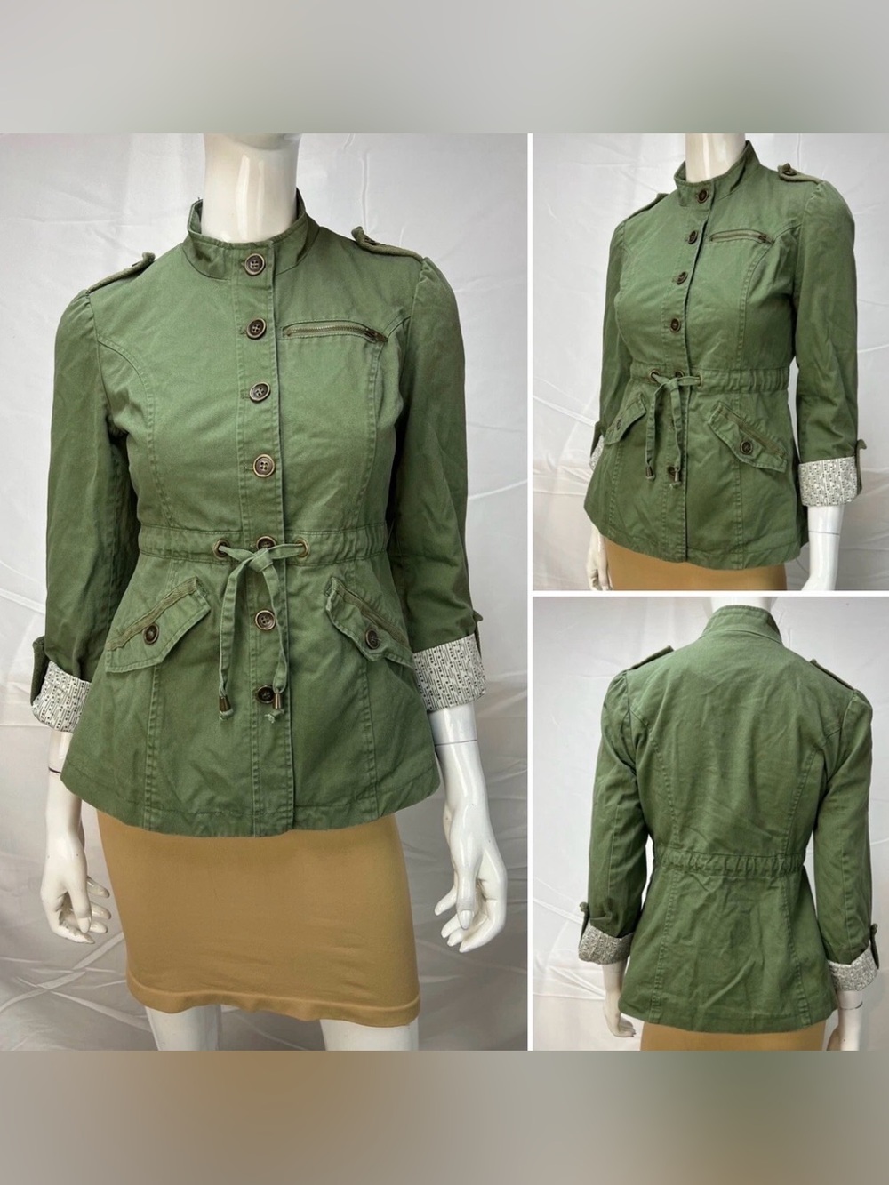 Tulle Anthropologie Green Utility Jacket Button Front Peplum Tie Waist Med